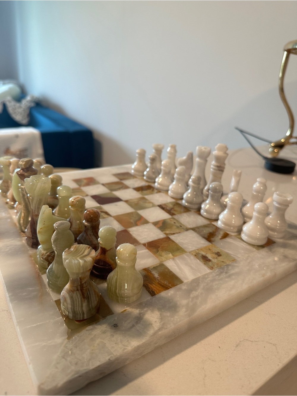 Vintage Natural Marble and Onyx Stone Chess Set